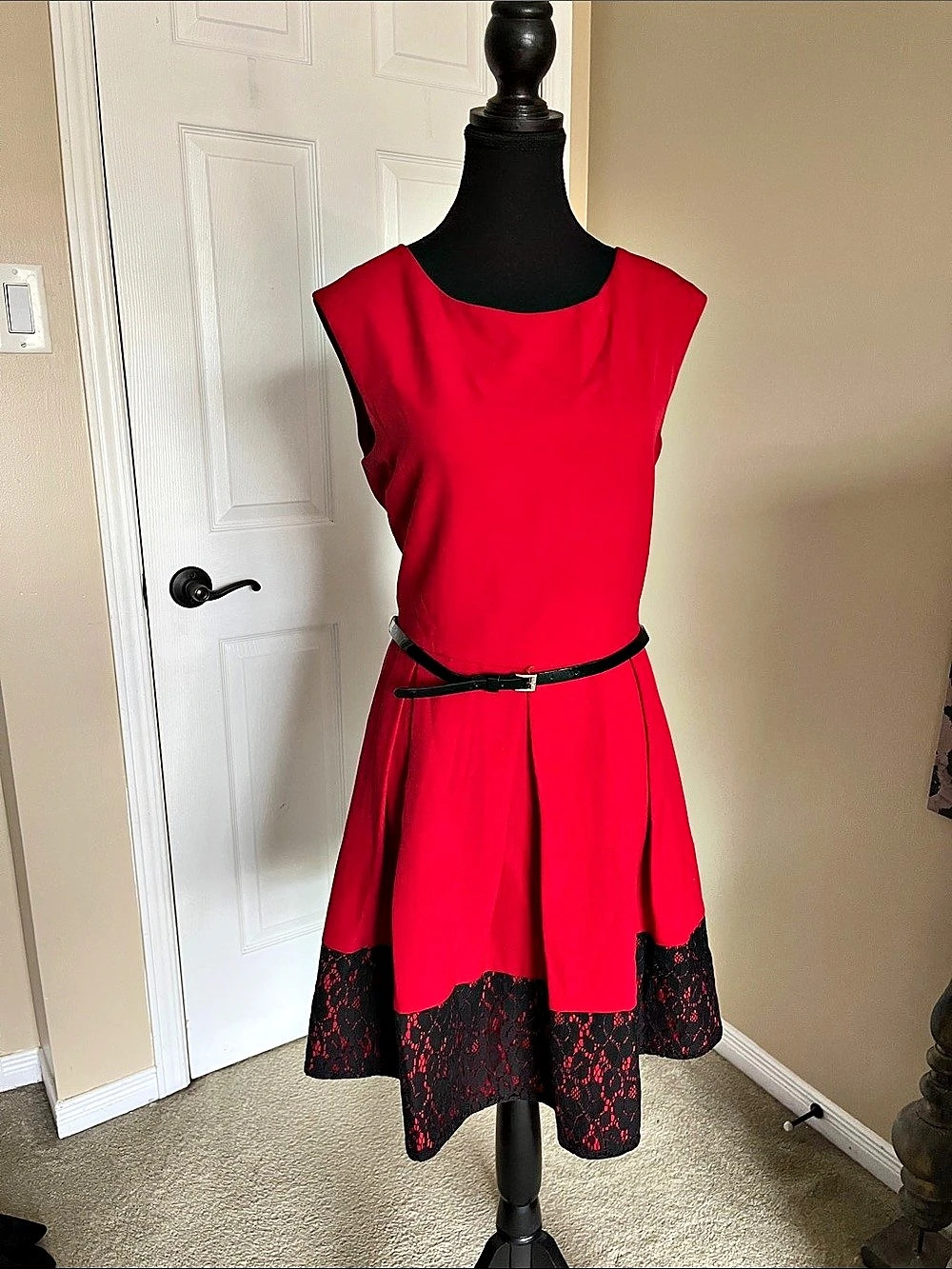 Tiana B. Red & Black Lace Hem Midi Dress Size 12 Like New